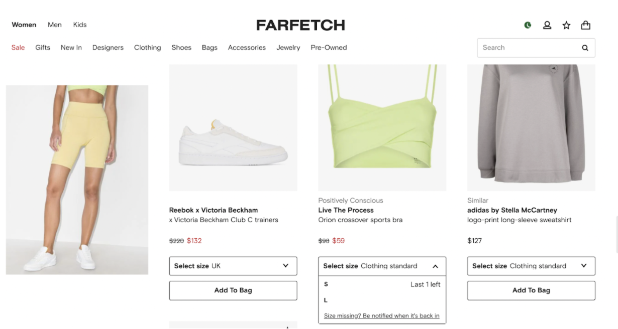 An example of "out of stock in my size” on Farfetch