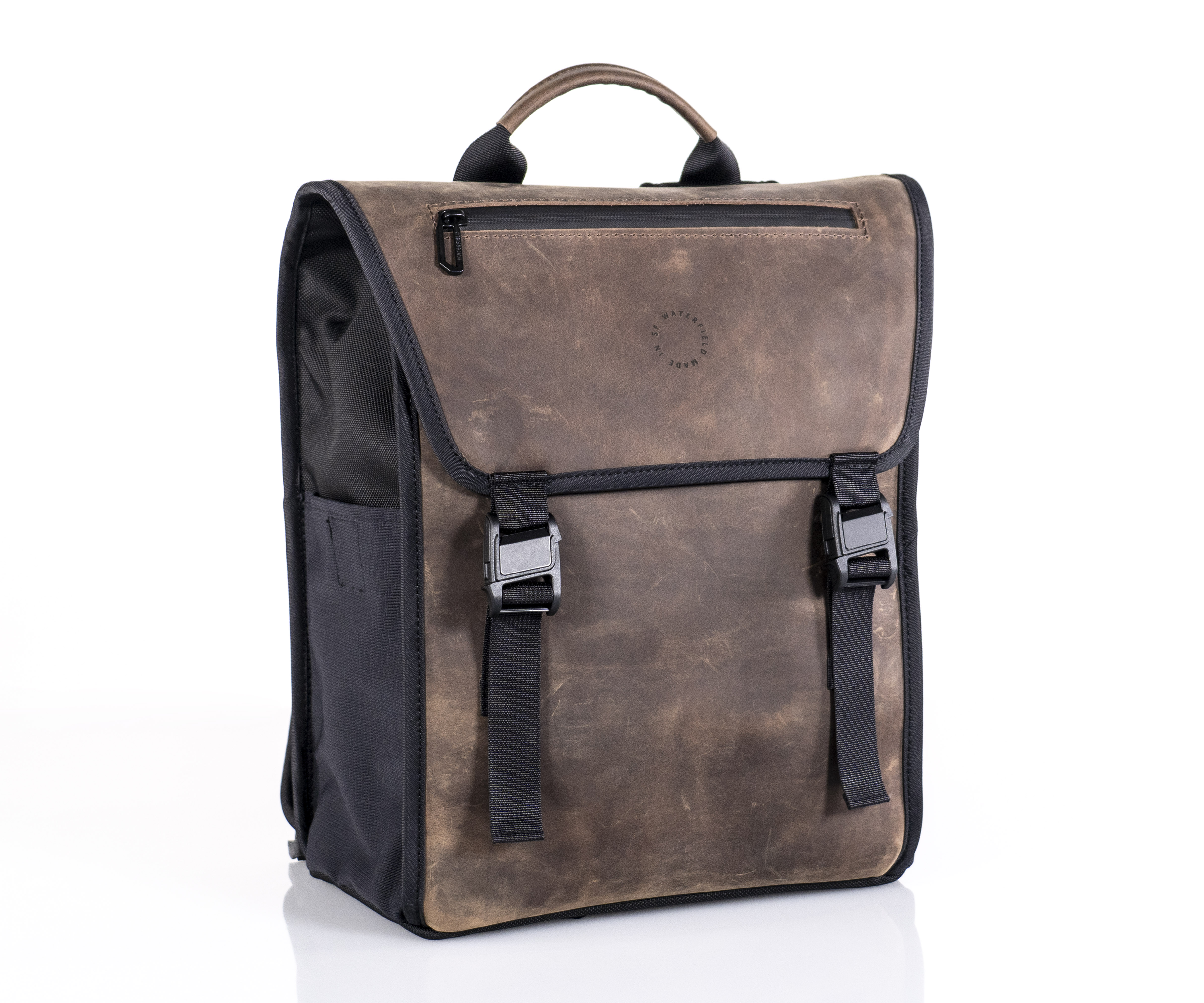 Tuck Backpack — ballistic nylon + full-grain chocolate leather