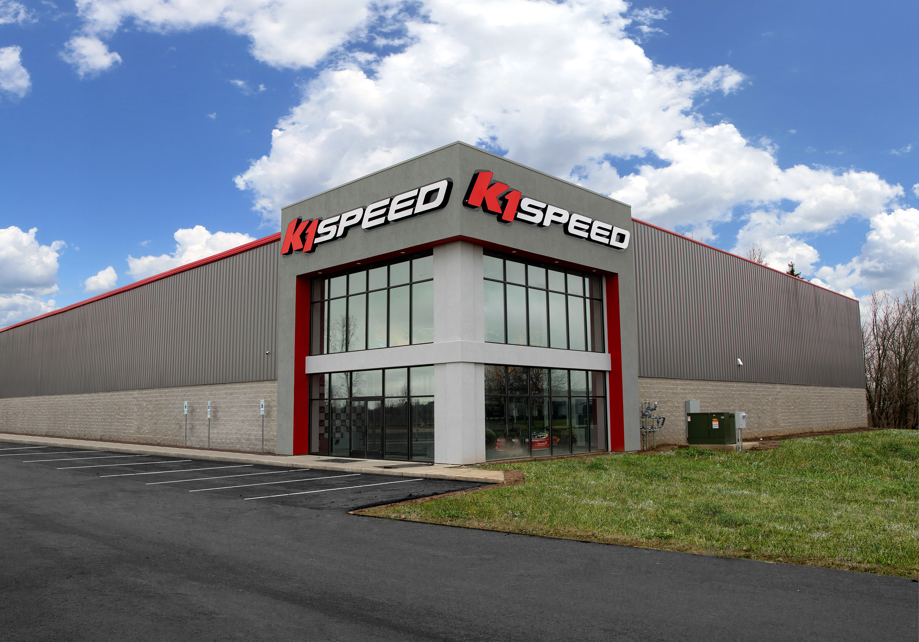 The exterior of K1 Speed Canton in Ohio, the latest indoor go kart racing center from K1 Speed
