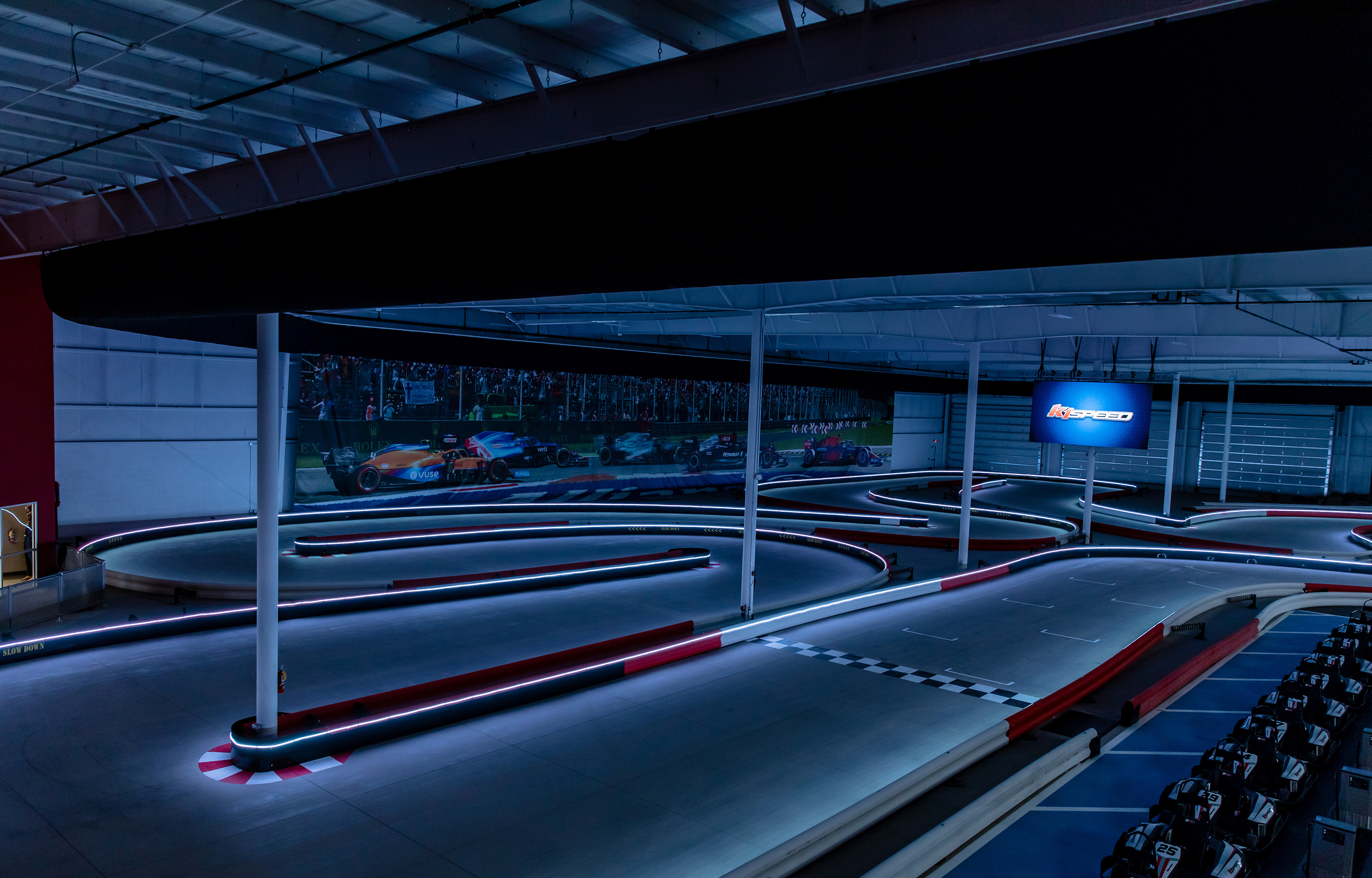 The indoor track at K1 Speed Canton is lined with LEDs for night racing
