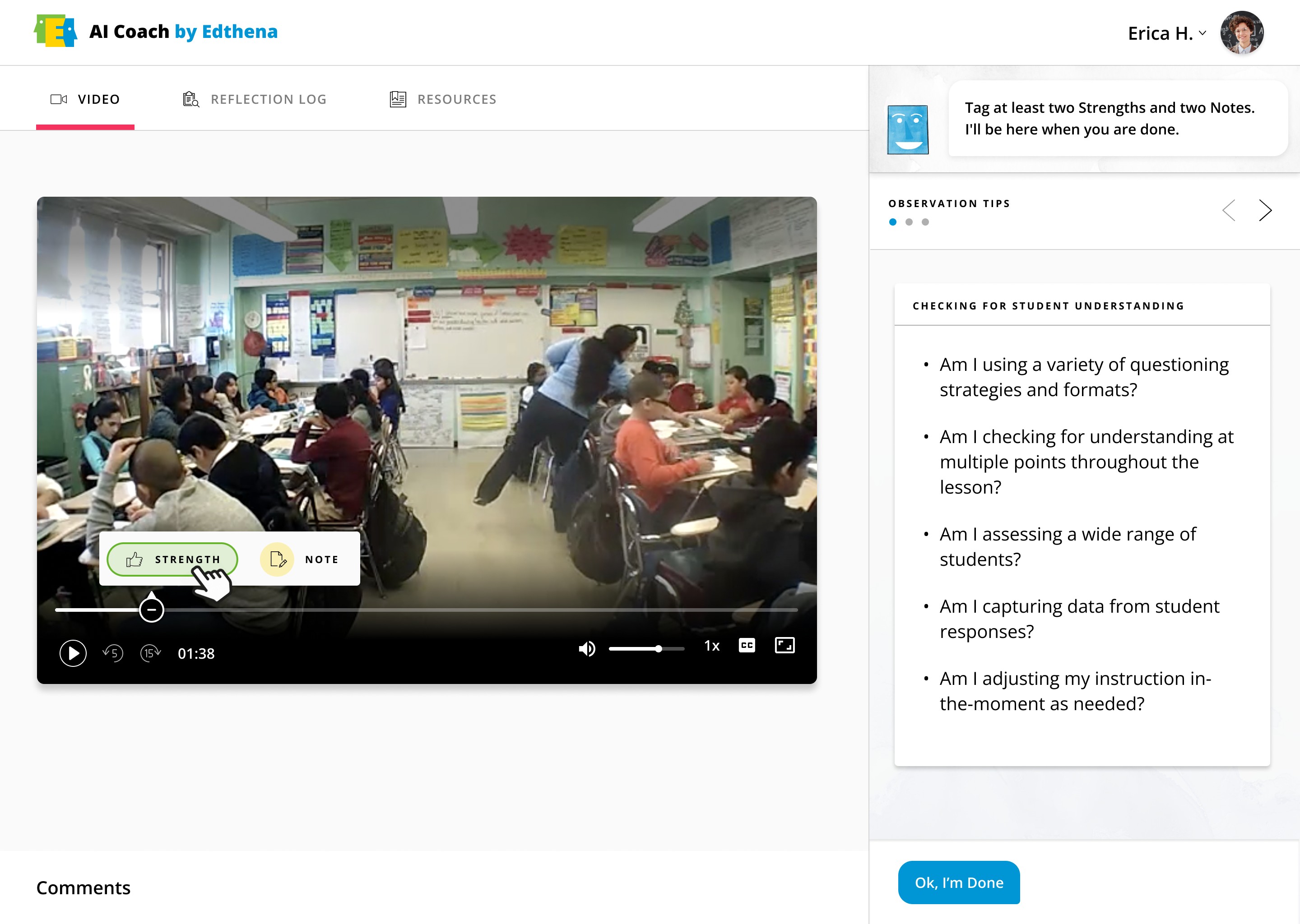 Within the AI Coach platform, teachers analyze videos of their own teaching. The platform customizes aspects of the experience, like the Observation Tips (pictured) related to teachers' goals.