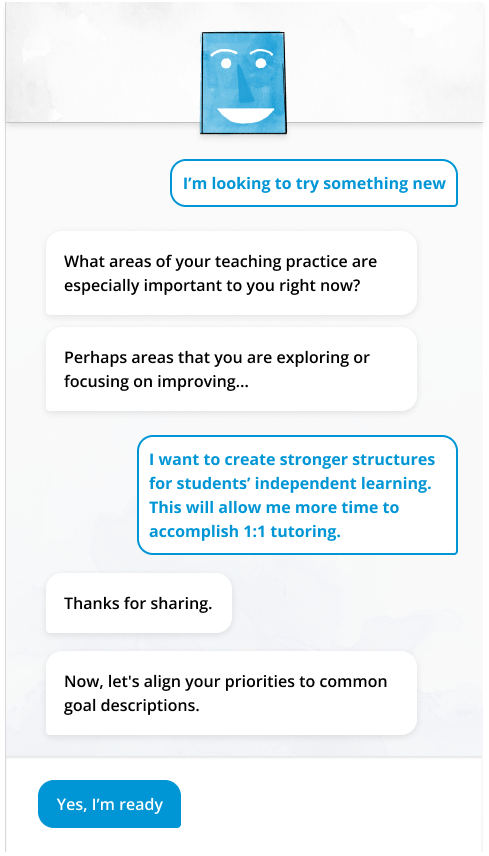 Teachers chat with Edie, their virtual coach within the AI Coach platform. Edie is a guide-on-the-side for professional learning.