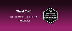 TrustRadius Most Loved 2022 badge on a pink gradient background with the text Thank you! We're most loved on TrustRadius.