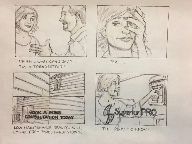 Storyboards helps layout the shots and sequence the action for the Superior Pro commericals