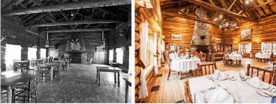 The dining hall at Brooks Lake Lodge, shown then and now with its grand fireplace and high-beamed ceilings, hosts guests for a variety of chef-prepared meals, all included in an overnight stay.
