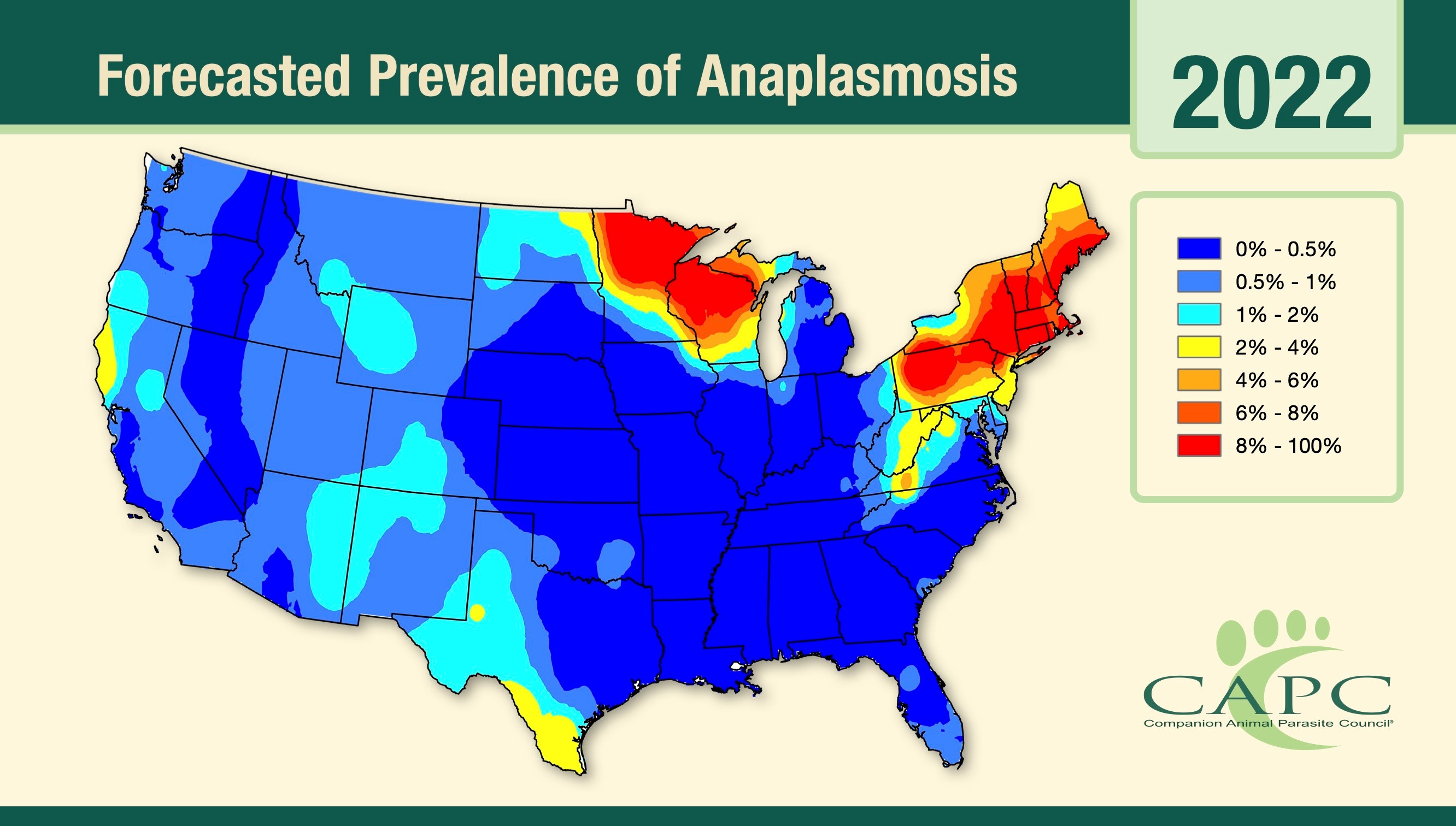 The CAPC's forecast for Anaplasmosis, transmitted by ticks, is that it poses major risks for pets in the Northeast and upper Midwest.