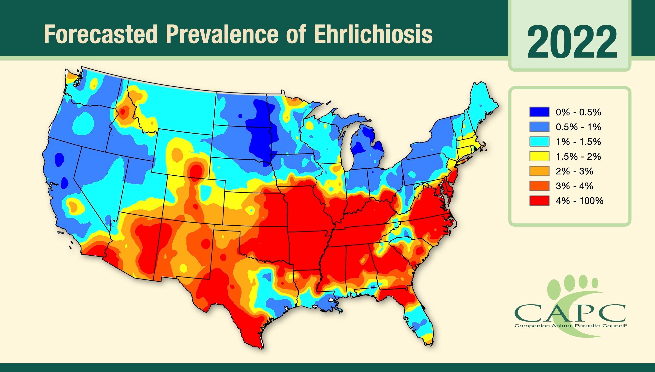 CAPC predicts that Ehrlichiosis, transmitted by ticks, is expected to be above normal for the majority of the United States, with some interesting emerging risk areas.