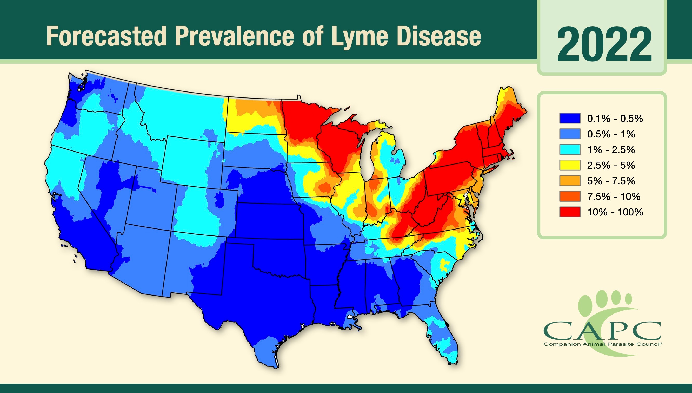 CAPC predicts that Lyme disease, a potentially fatal disease for pets, is expanding quickly.  Transmitted by ticks, Lyme disease is spreading due to the expansion of tick host habitat range.