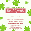 ALT="Fox Vein and Laser Experts March St. Patrick's Day promotional flyer with green shamrocks advertising discounts on laser hair removal and hair restoration treatments."