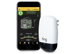 Ting Sensor next to a smartphone with the Ting Sensor App home screen displayed