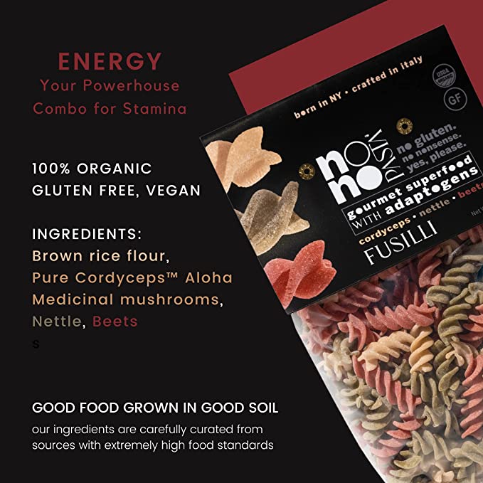 The Energy nonoPasta is inspired by Traditional Chinese Medicine and contains 100% organic brown rice flour, pure Cordyceps™ Aloha Medicinal mushrooms, nettle and beets.