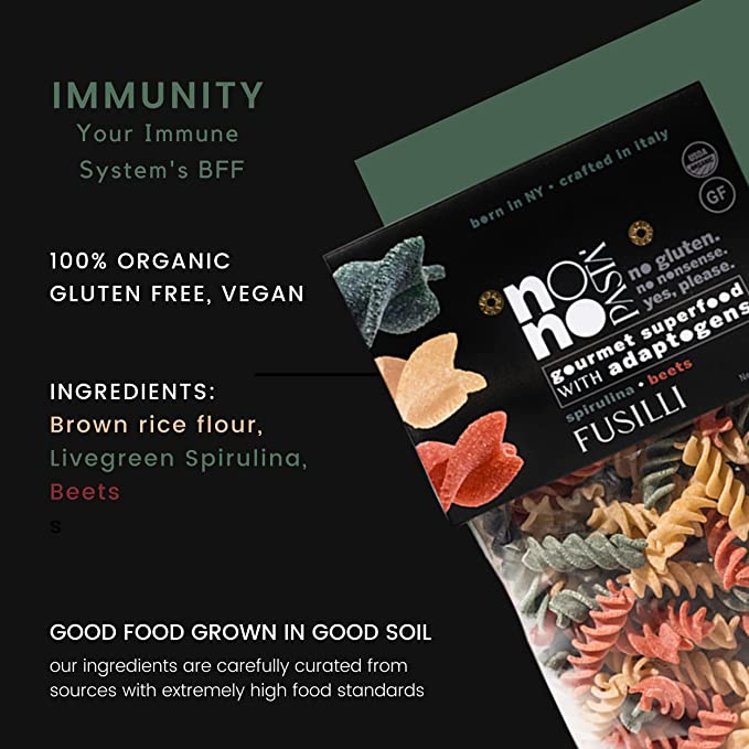 The Immunity nonoPasta is inspired by the Blue Zone diet and contains 100% organic brown rice flour, Livegreen® spirulina and beets.