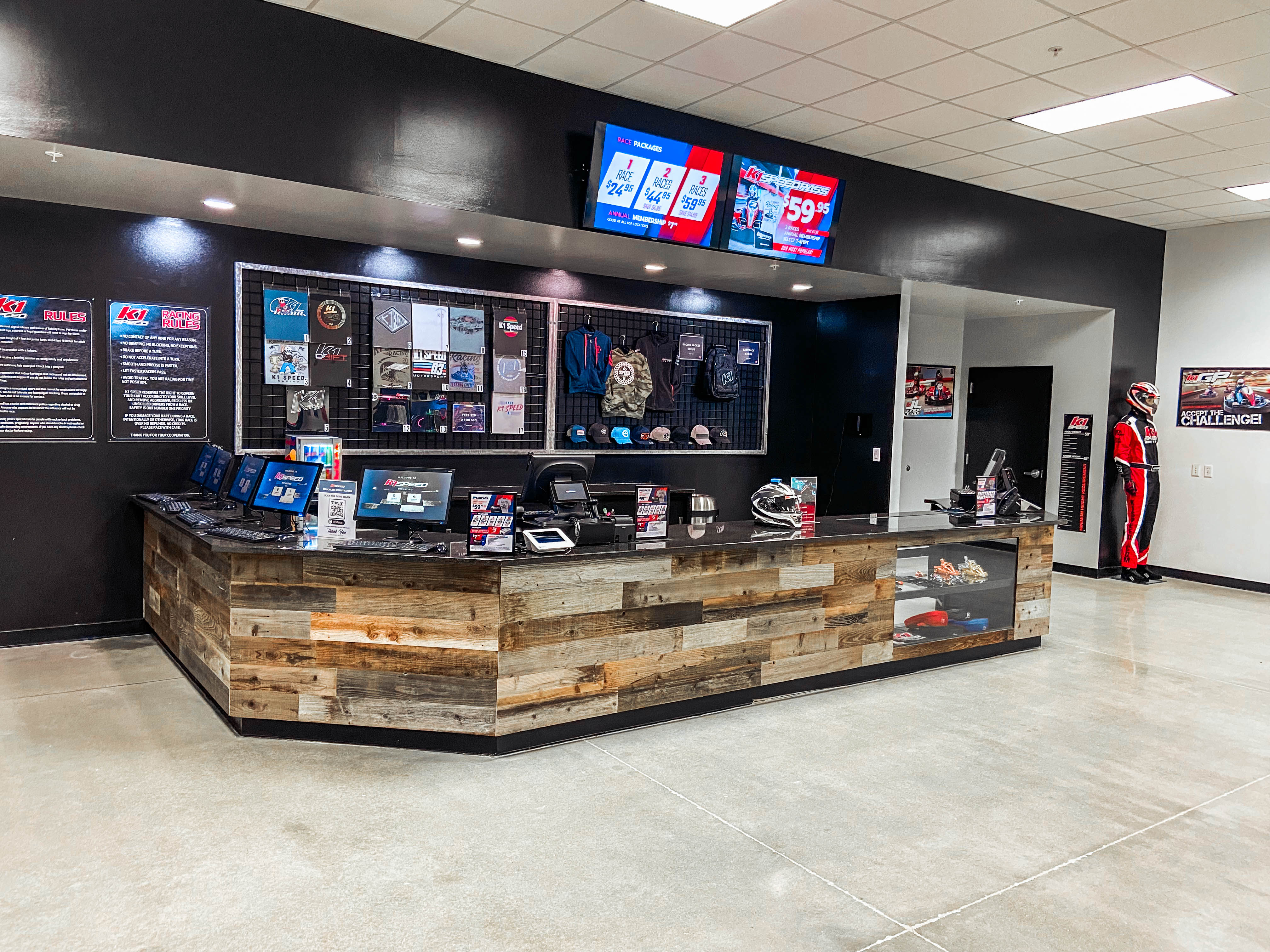 The front counter at K1 Speed Richmond where customers can purchase races and merchandise