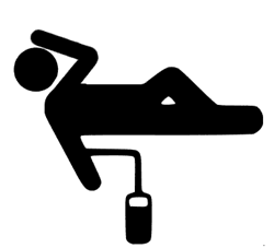 Black and white illustration of a person lying down and a blood donation line and bag coming out of one arm.