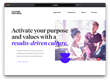 a screenshot of the homepage of the culture partners website that includes a photo of 3 people looking at a piece of paper and talking. The header image says Activate your purpose and values with a results-driven culture.