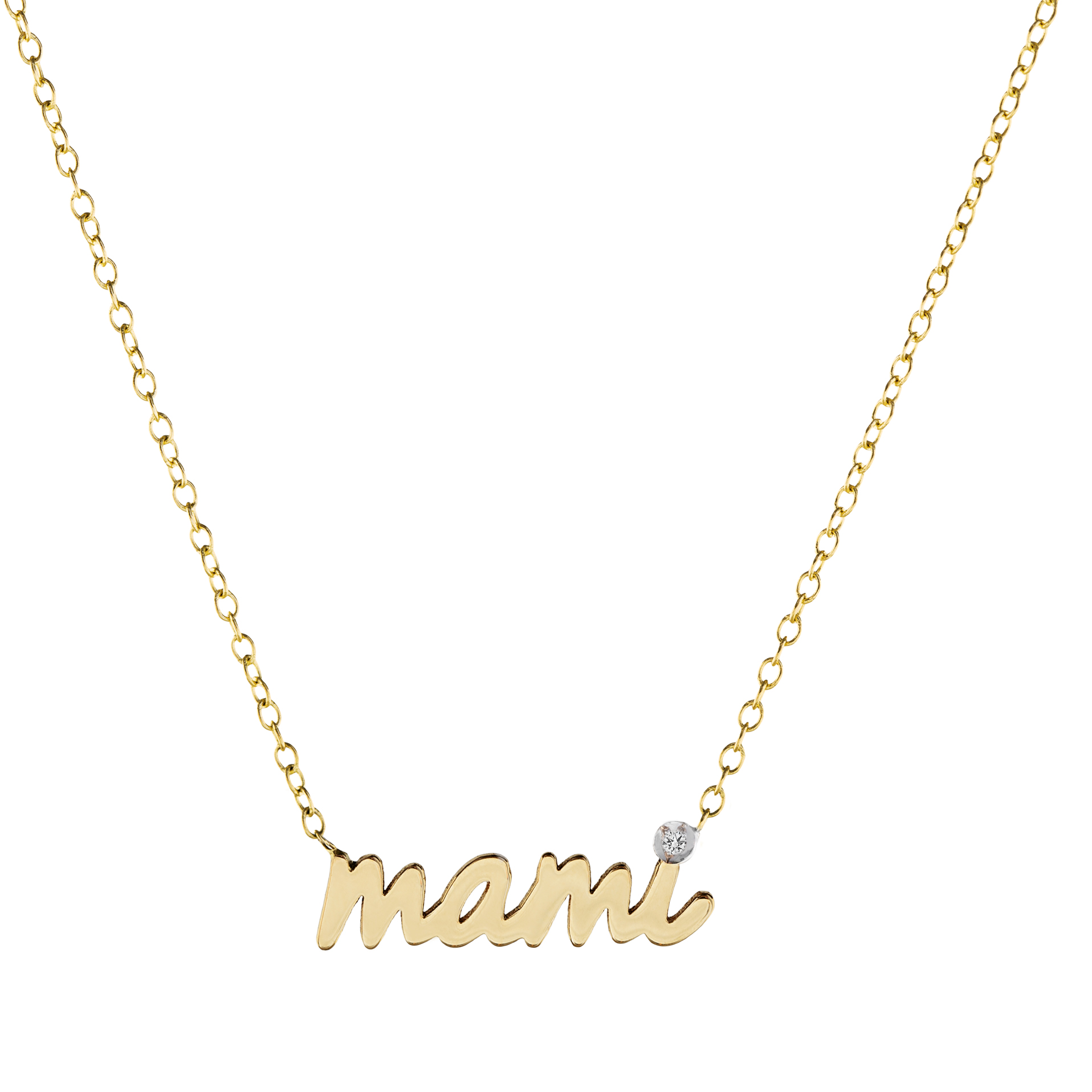 Mami Nameplate Necklace, in 14K gold with a diamond, by Bonnie Jennifer.