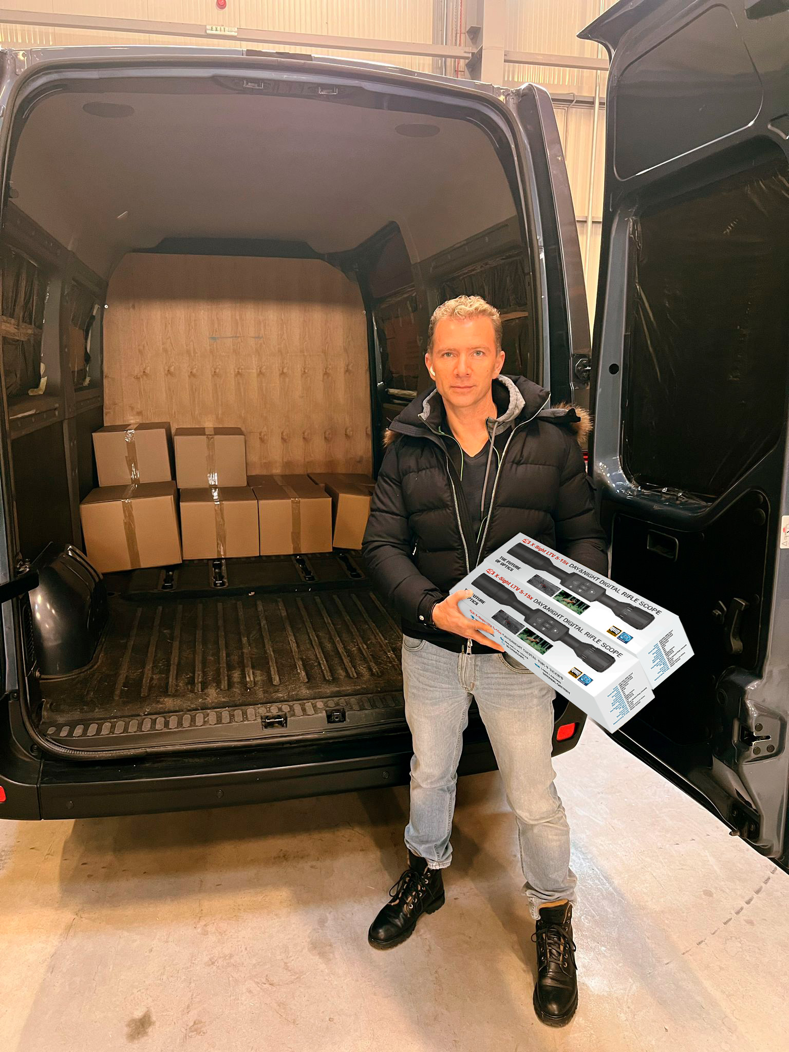 ATN Corp. Founder, Marc Vayn, loading truck with thermal and night vision devices.