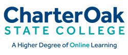 Charter Oak State College blue and teal logo with tagline "A Higher Degree of Online Learning"