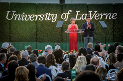 La Verne University President Devorah Lieberman on stage at the 2022 Scholarship Gala with student Ian Mendoza.
