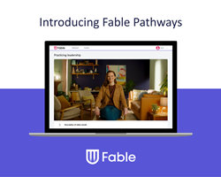 A laptop showing a video of an instructor.  The logo and text of the fable reads: Introducing Fable Pathways