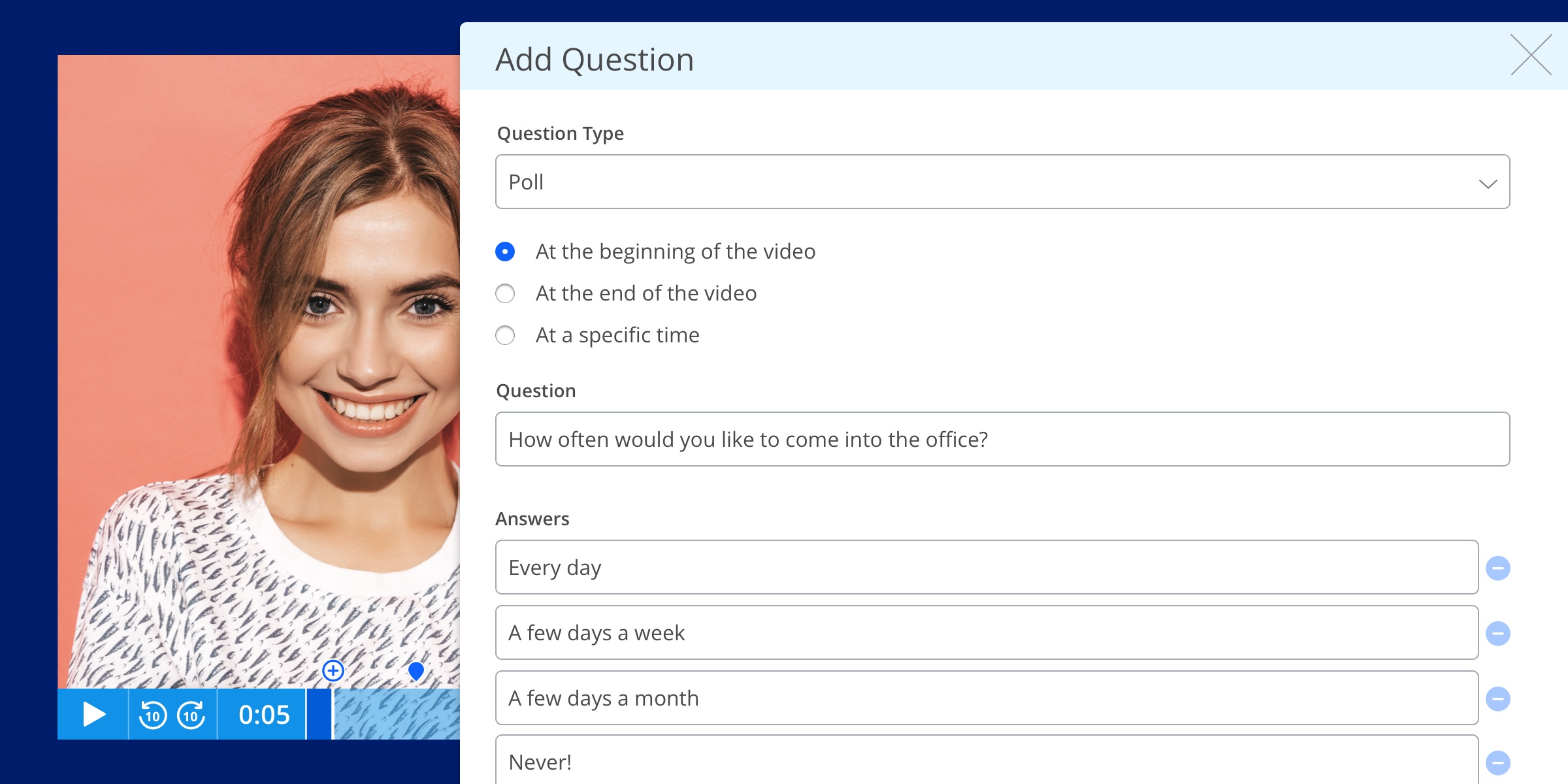 Businesses can use interactive video quizzes, surveys, and polls to build team culture, onboard and train employees, and assess employee engagement.