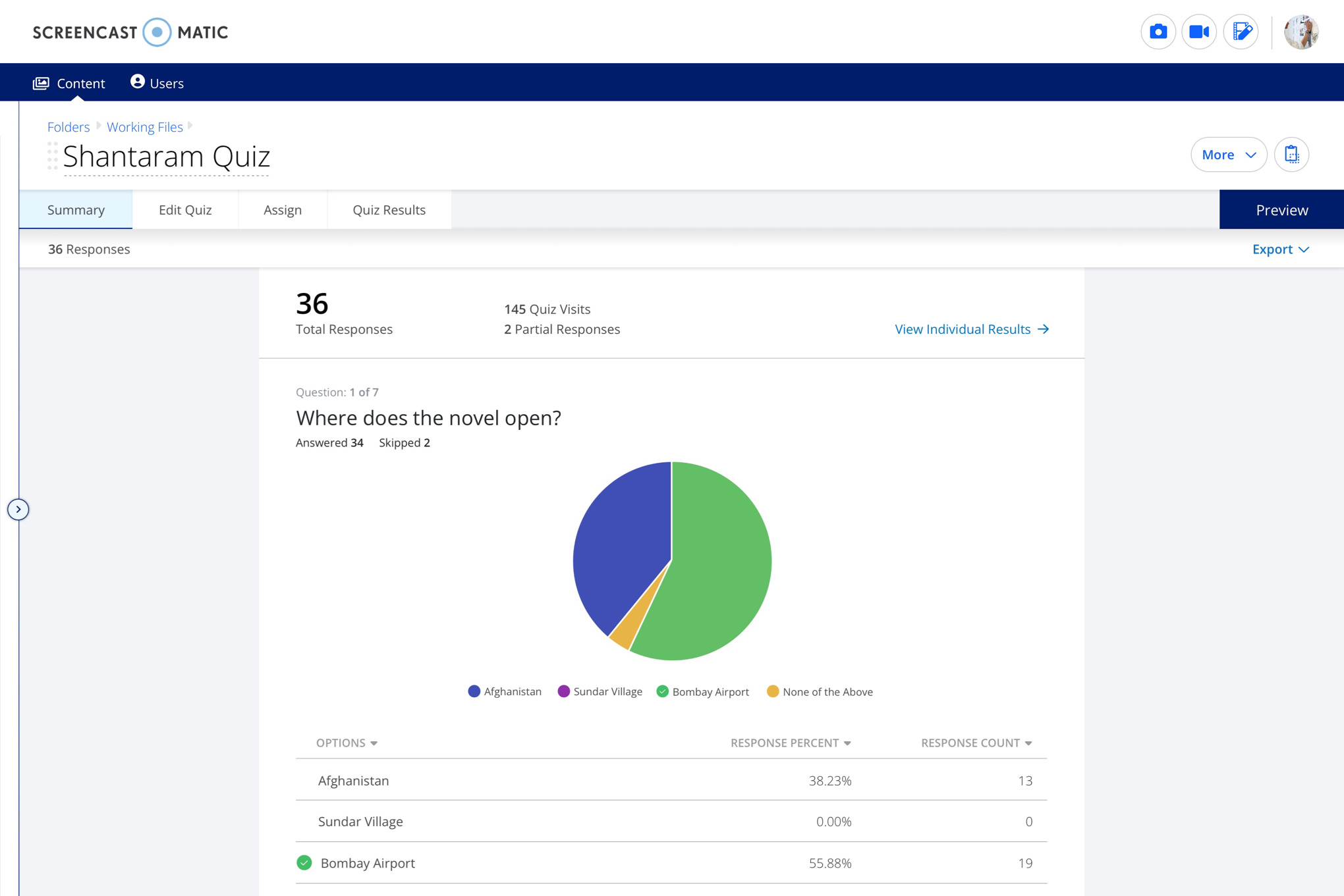 Screencast-O-Matic users can easily view aggregate quiz results and individual responses, get detailed video analytics and heatmaps, and download results for further analysis.