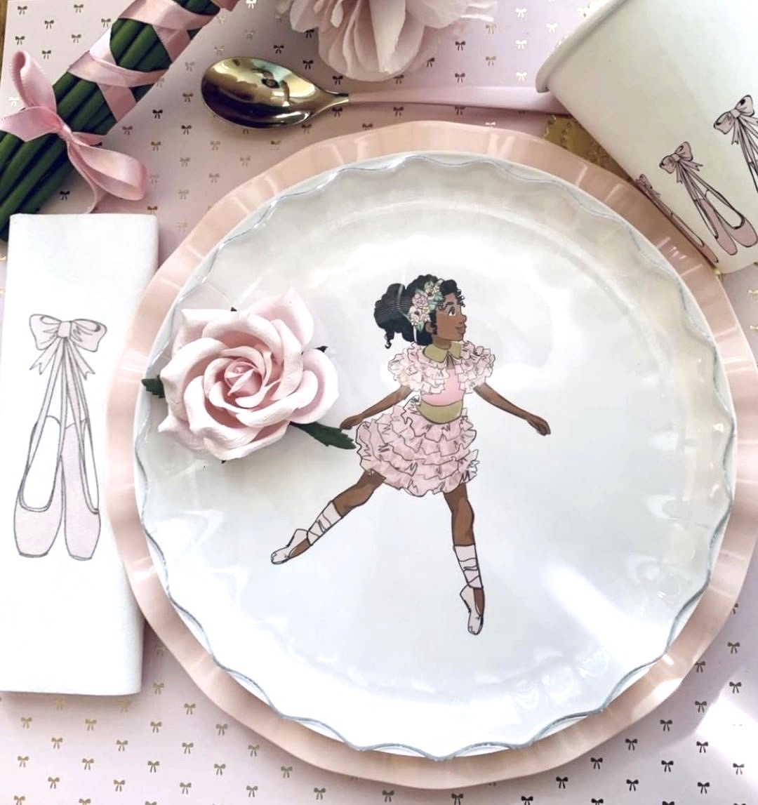 Ballerina Girl party supply collection includes cups, plates and napkins.