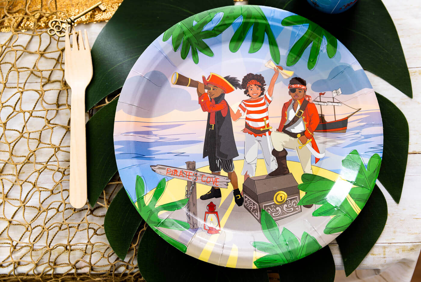 Pirate party supply collection includes cups, plates and napkins.