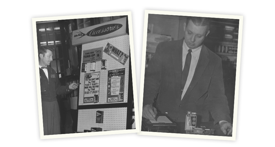 Left: Dealership employee stands in front of a Krex display on the service counter in the 1950s. Right: Dealership employee stands behind a can of Krex lubricant in a dealership in the 1950s.