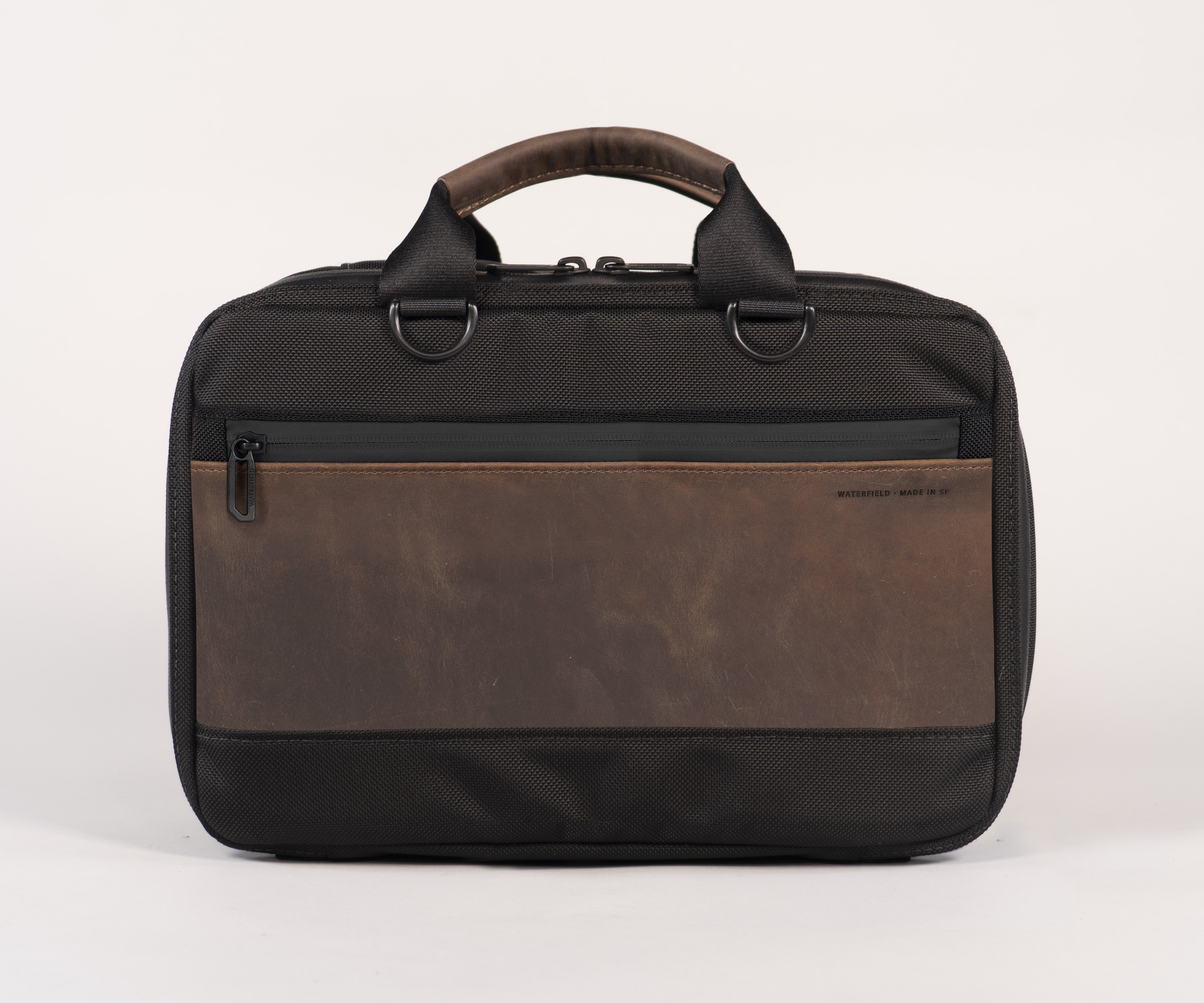 Mac Studio Travel Bag in black ballistic nylon and full-grain chocolate leather