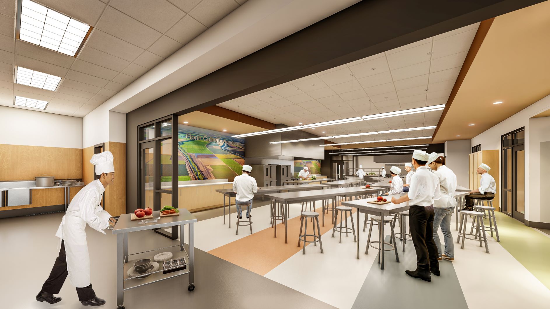 The 8,000-square-foot Florin High School Agriculture, Culinary, and Engineering CTE project will house two kitchen studios, a demonstration classroom, food storage and staff offices.