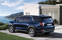 Rear profile of a navy blue 2022 Hyundai Palisade in front of a house