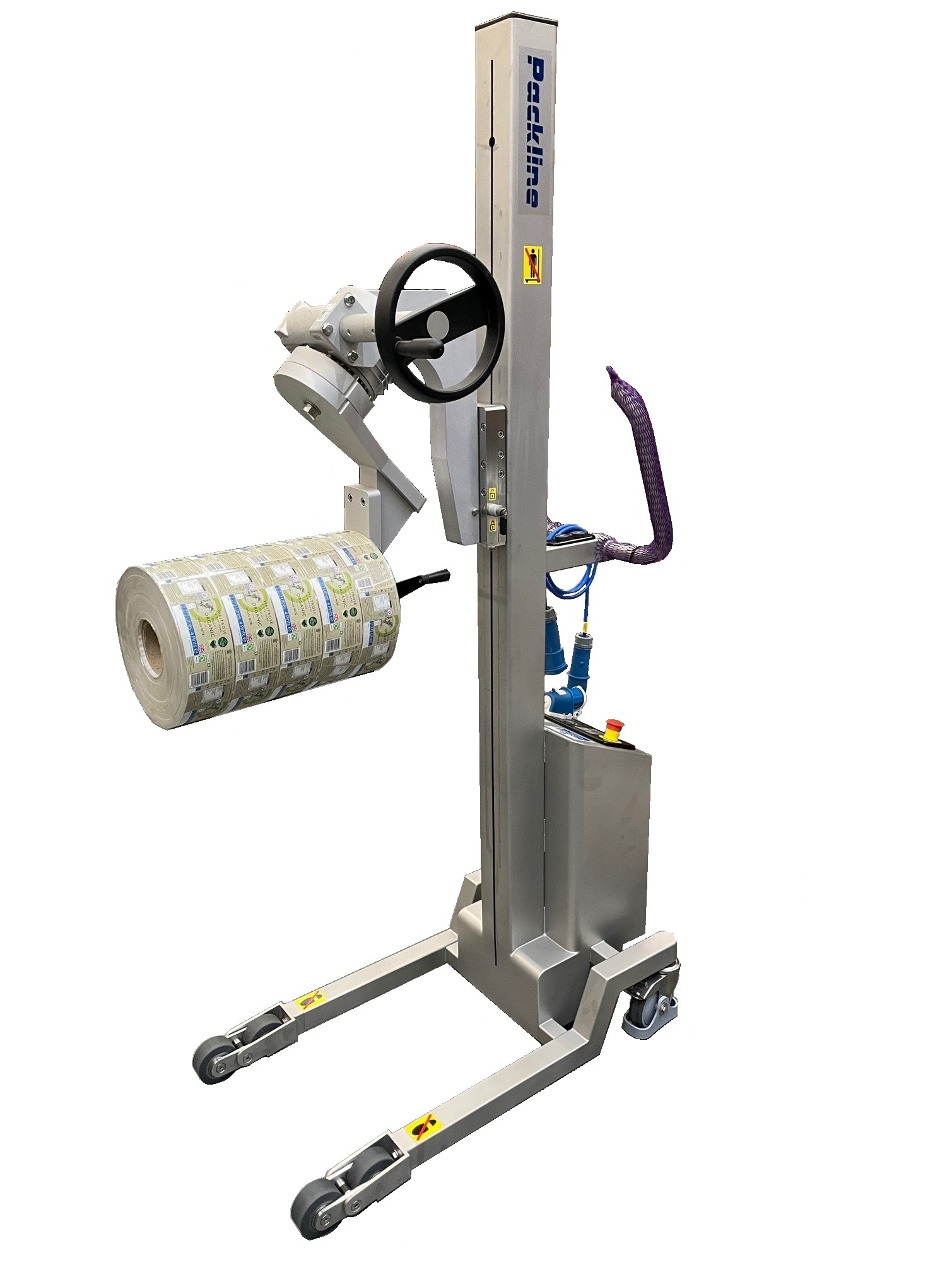 Stainless Lifting Equipment for Handling Rolls of Film or Foil in a confined space with restricted access