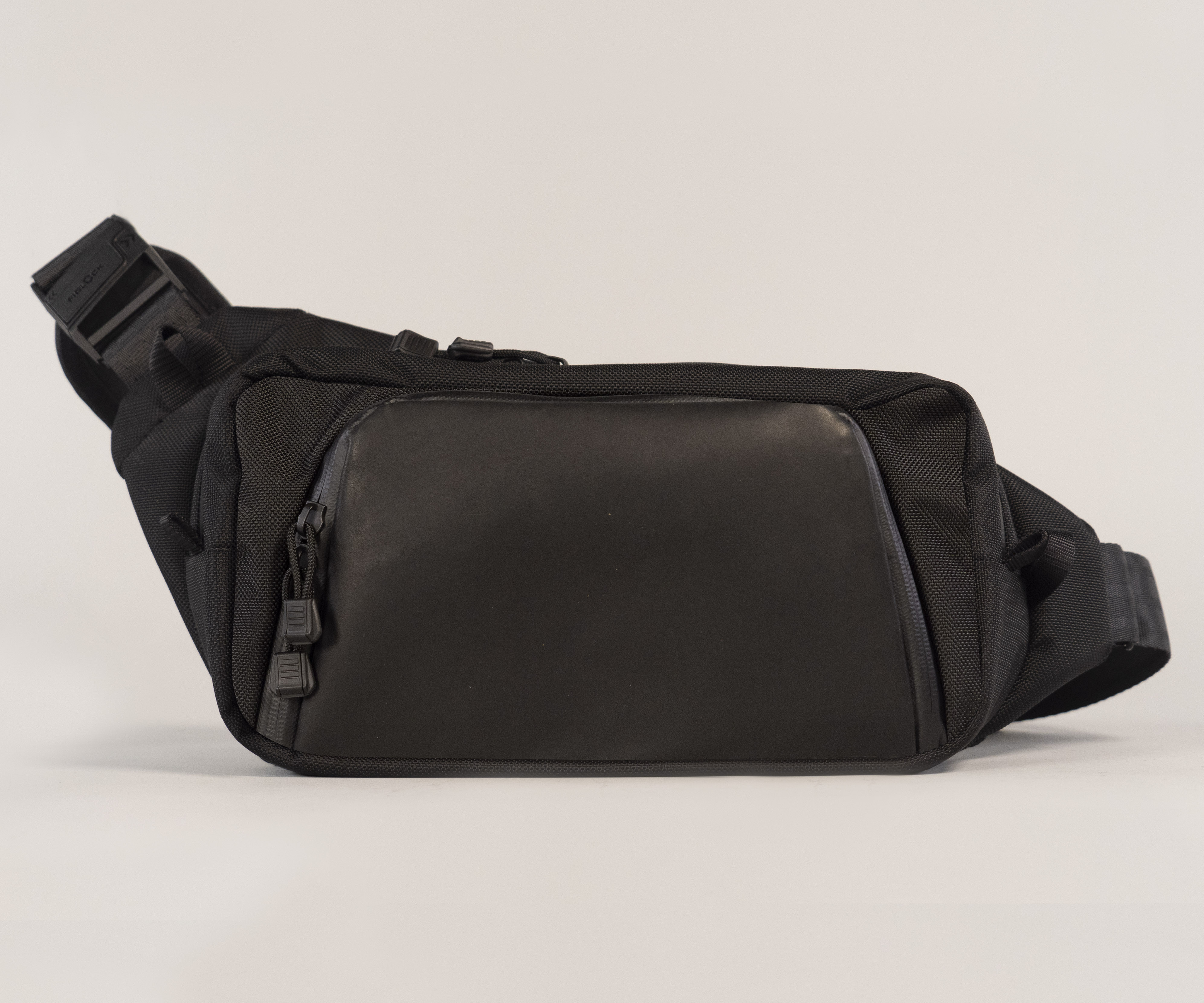 Moto Sling in black ballistic nylon and black full-grain leather