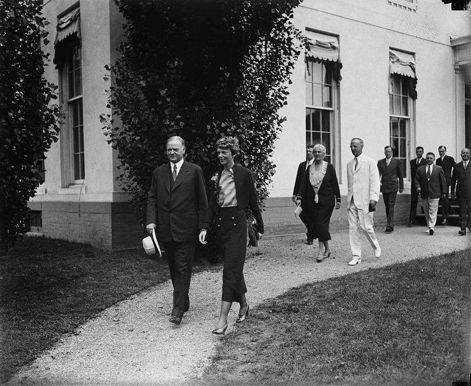 Amelia Earhart and President Herbert Hoover at White House in 1932; photo from U.S. Library of Congress