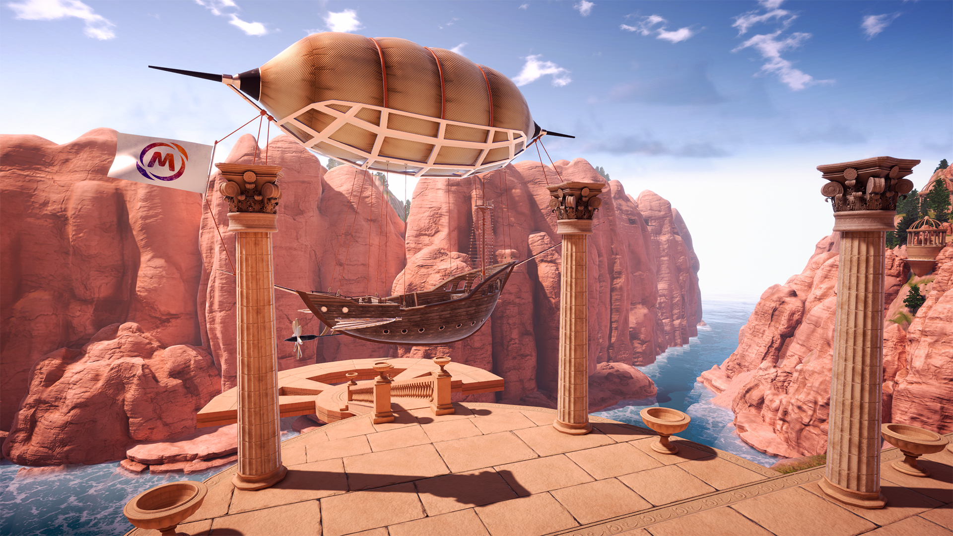 Airship docks in canyon