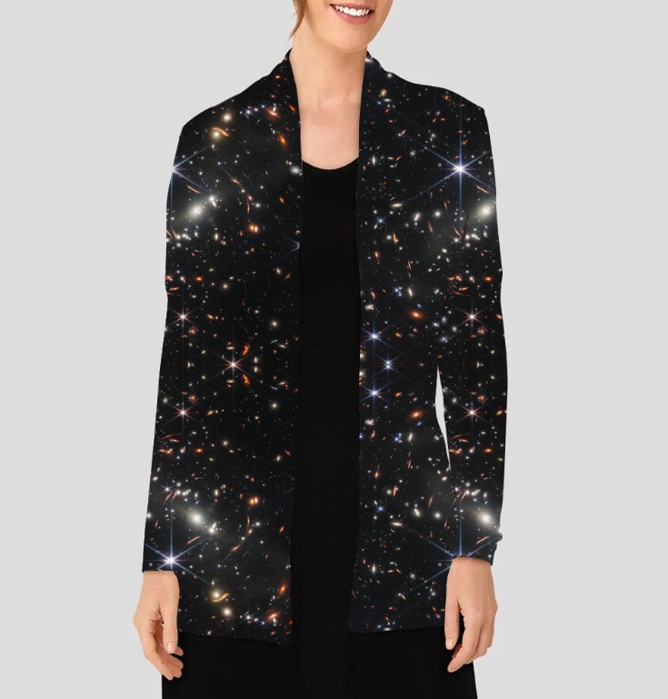 You can add this stellar cardigan to your wardrobe from Svaha’s new James Webb Space Telescope collection.