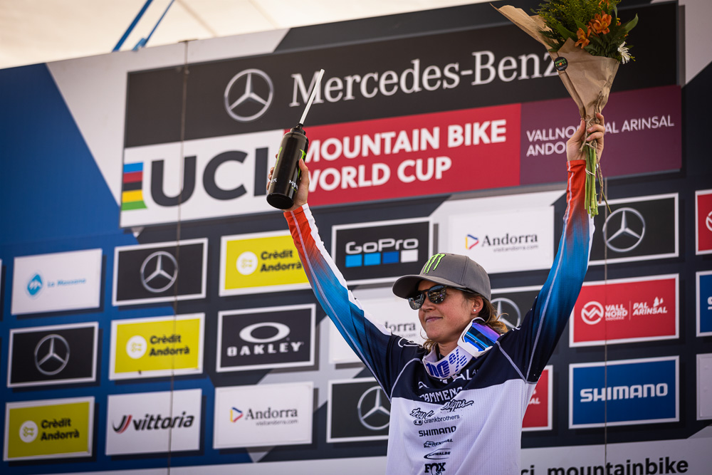 Monster Energy's Camille Balanche Takes 3rd Place in Elite Women UCI DH MTB World Cup in Andorra and Remains the Points Leader in Season Rankings
