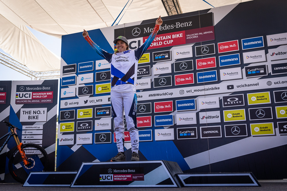 Monster Energy's Camille Balanche Takes 3rd Place in Elite Women UCI DH MTB World Cup in Andorra and Remains the Points Leader in Season Rankings