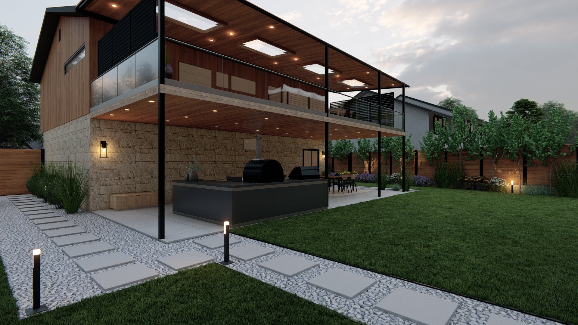 A Yardzen backyard design featuring lighting from Lamps Plus