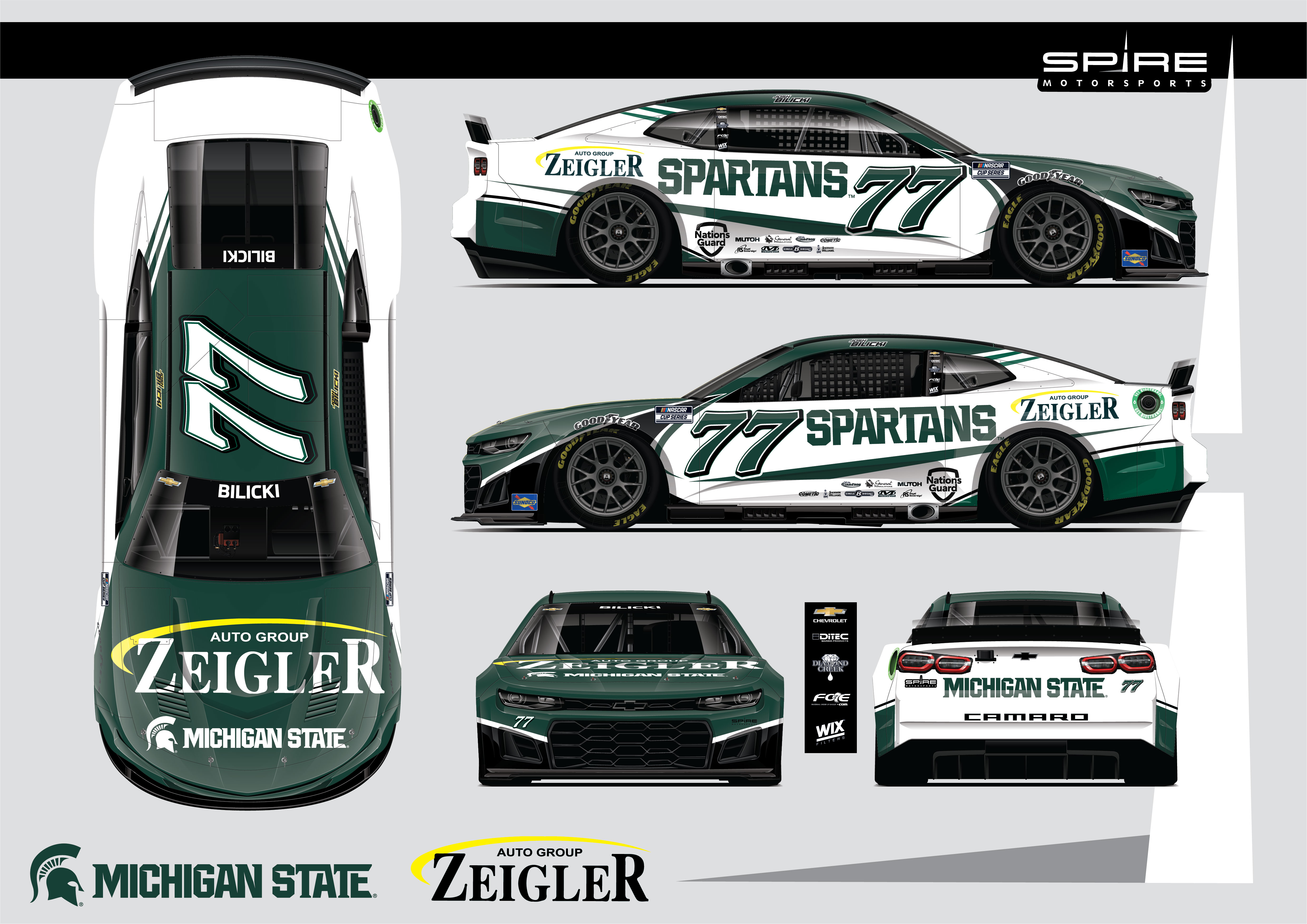 Official Render of the Michigan State x Zeigler.com 77 Camaro, which will be piloted by Spire Motorsports’ Josh Bilicki.