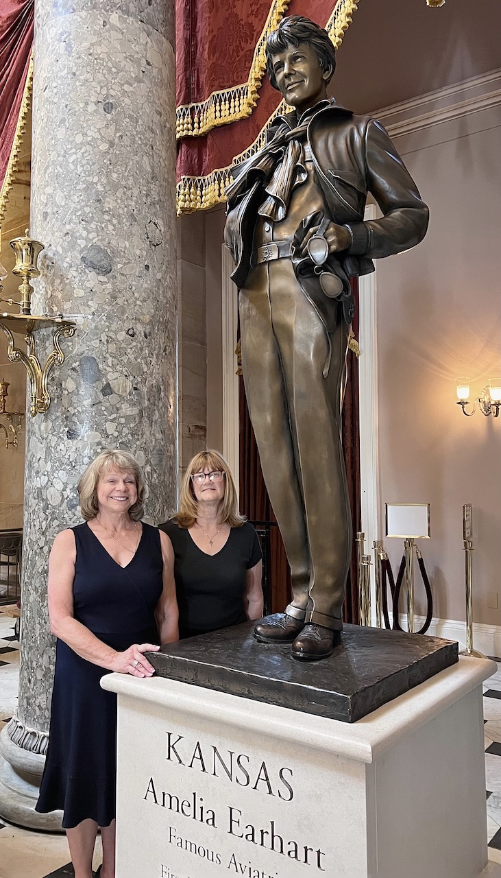 Atchison Amelia Earhart Foundation founder and president, Karen Seaberg (left) with Jacque Pregont, Foundation board member and chair of the Amelia Earhart Statuary Selection Committee.
