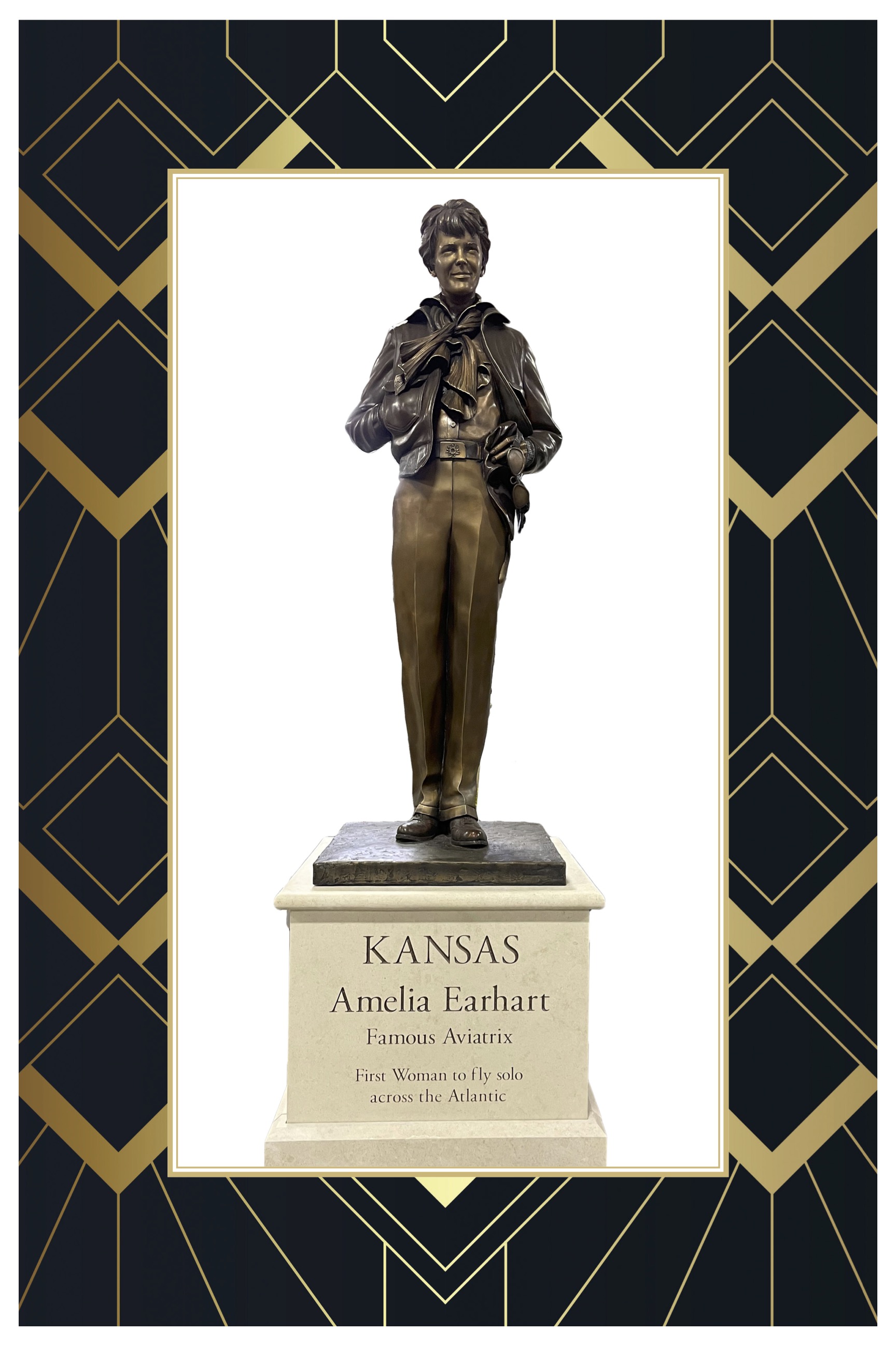 Seven-foot bronze statue stands on three-foot pedestal made of Kansas limestone.