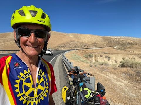 Nick Hall, 74-year-young Rotarian, during his fourth cross-country bicycle ride to End Polio Now crossing the California high country.