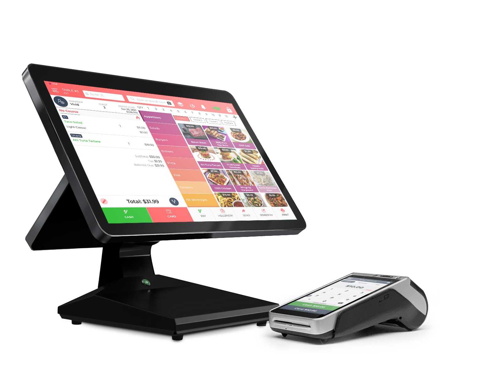 Vivid cloud POS software shown on AMP Bridge counter-top terminal and on the AMP 8200 EMV Smart Terminal.