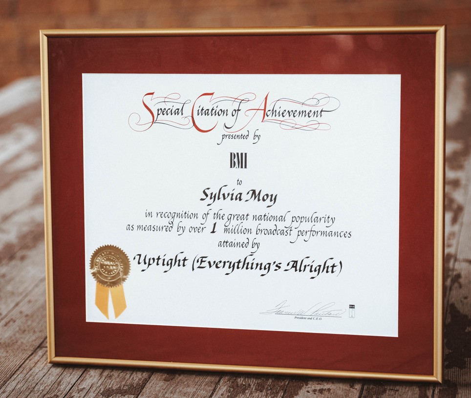 BMI Award "Uptight Everything's Allright presented to Sylvia Moy