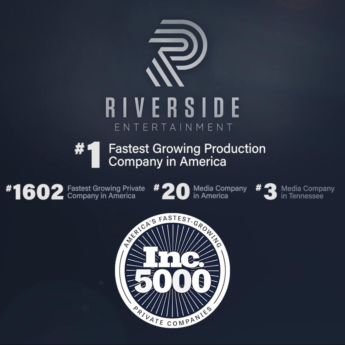 Production company and creative studio Riverside Entertainment was included in Inc. Magazine's annual Inc. 5000 list