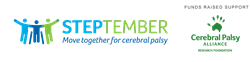 STEPtember logo on left features three human figures. L to R: standing and cyan, seated in wheelchair and royal blue, and standing and spring green. To the right of the figures is the STEPtember logo, with STEP in all caps and cyan, and TEMBER in all caps and spring green. Below this is the tagline, "move together for cerebral palsy" in royal blue italics. To the right of that is the CPARF logo, a kelly green hand with the organizations name below. Above the CPARF logo is "all funds support"