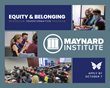 Text reads "Equity & Belonging Newsroom Transformation Program" paired with the Maynard Institute logo, photos of journalists in classroom settings, a butterfly graphic to convey transformation, and the application due date of October 7.