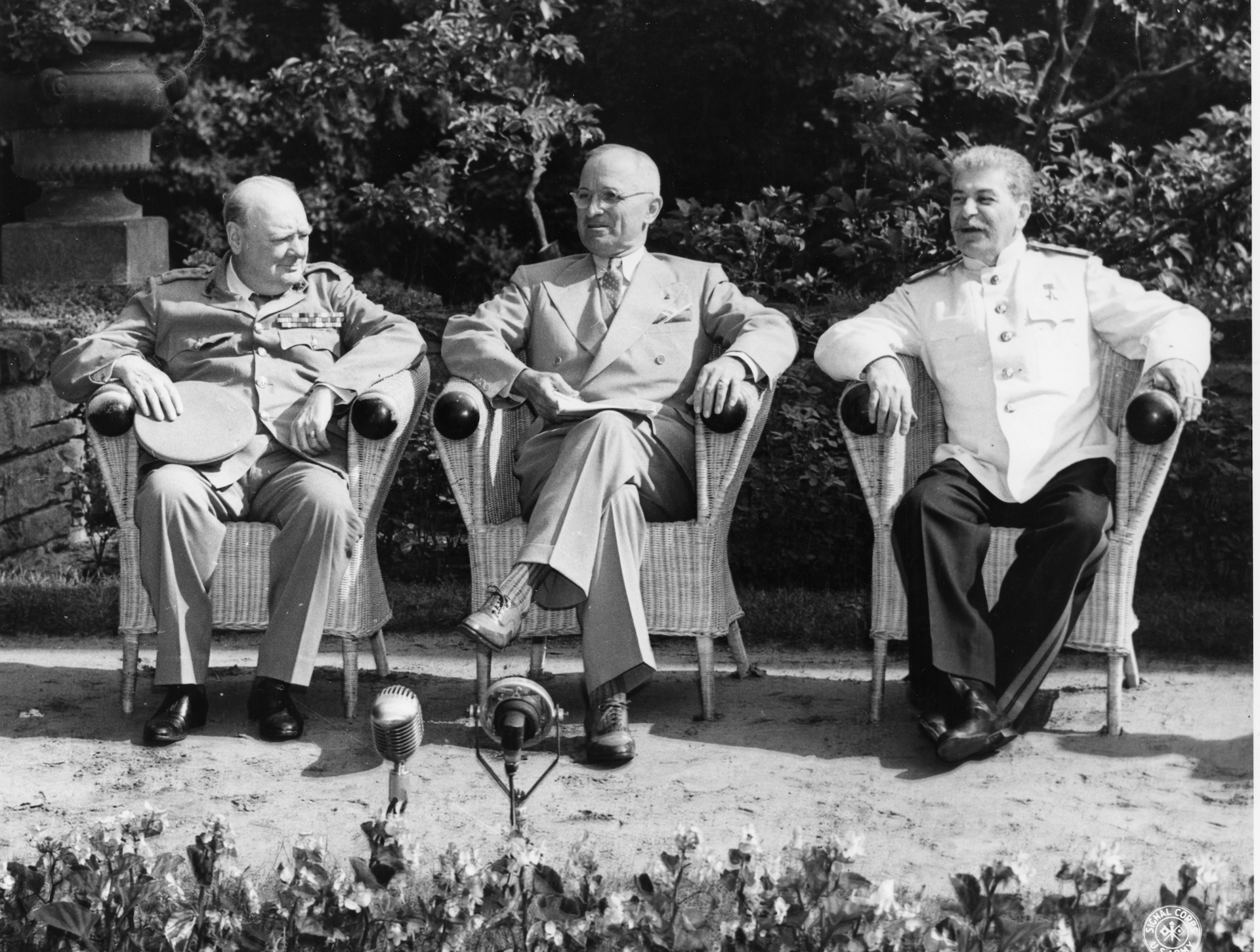 Prime Minister Winston Churchill, President Harry S. Truman, and Soviet leader Josef Stalin before meeting for the Potsdam Conference in Potsdam, Germany, July 25, 1945; photo courtesy Truman Library.